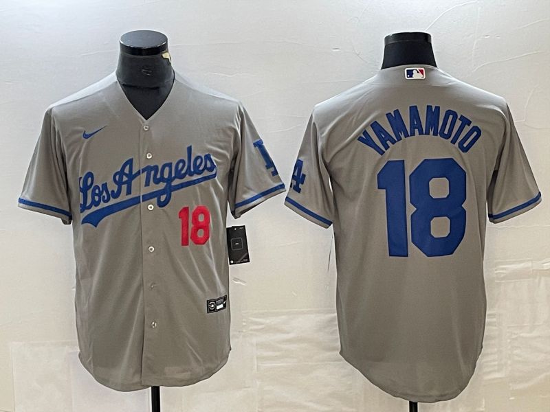 Men Los Angeles Dodgers 18 Yamamoto Grey Nike Game MLB Jersey style 2